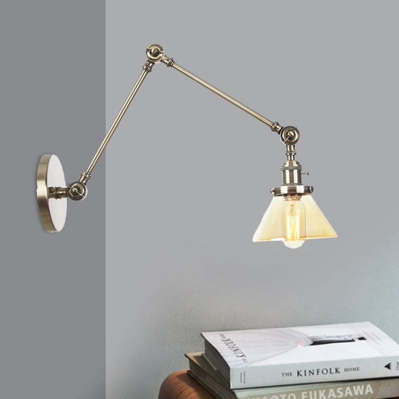 Sikunuo | 1 Light Wall Lamp Industrial Cone Clear/Amber Glass Wall Lamp in Black/Bronze/Brass with Adjustable Arm, 8“+8"/8"+8"+8" Long
