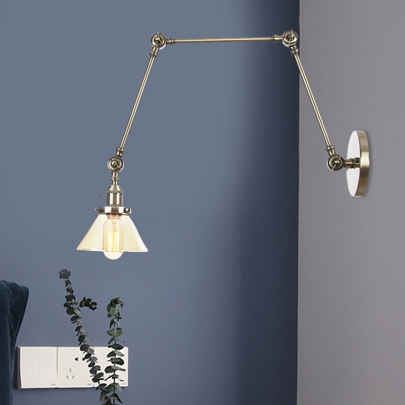 Sikunuo | 1 Light Wall Lamp Industrial Cone Clear/Amber Glass Wall Lamp in Black/Bronze/Brass with Adjustable Arm, 8“+8"/8"+8"+8" Long