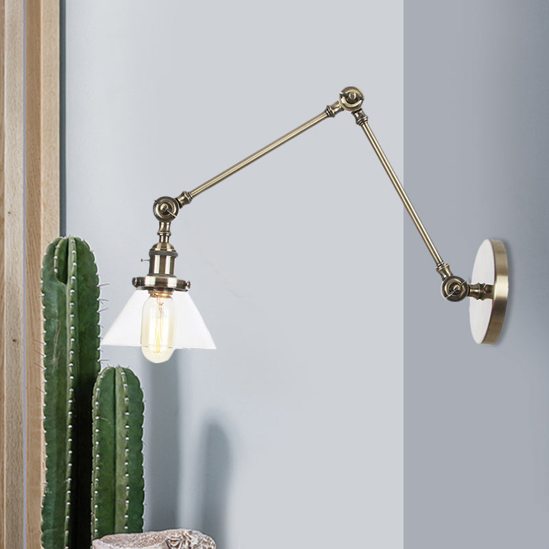 Sikunuo | 1 Light Wall Lamp Industrial Cone Clear/Amber Glass Wall Lamp in Black/Bronze/Brass with Adjustable Arm, 8“+8"/8"+8"+8" Long