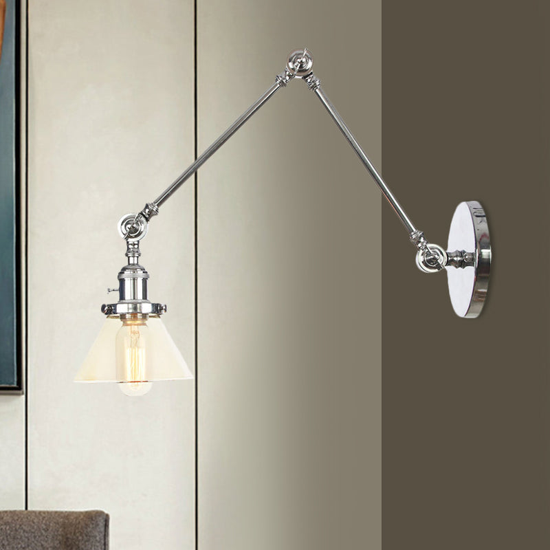Sikunuo | 1 Light Wall Lamp Industrial Cone Clear/Amber Glass Wall Lamp in Black/Bronze/Brass with Adjustable Arm, 8“+8"/8"+8"+8" Long