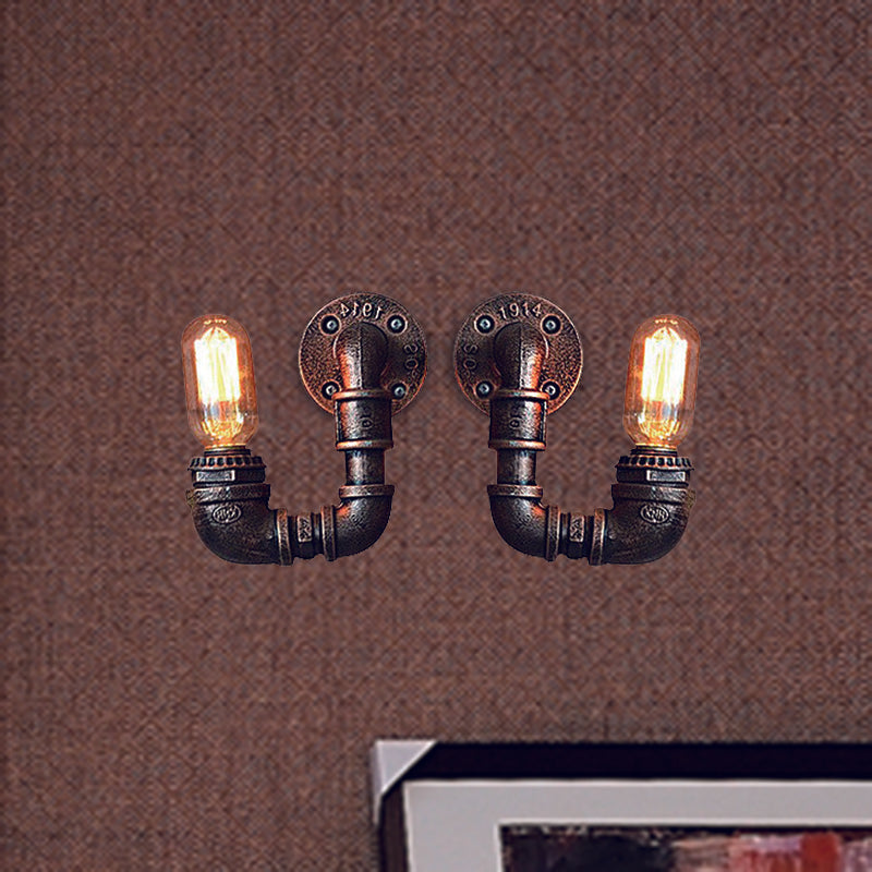 Sikunuo | 2-Light Double Curved Arm Wall Lamp Antiqued Black/Rust/Gold Finish Metal Wall Lamp for Restaurant
