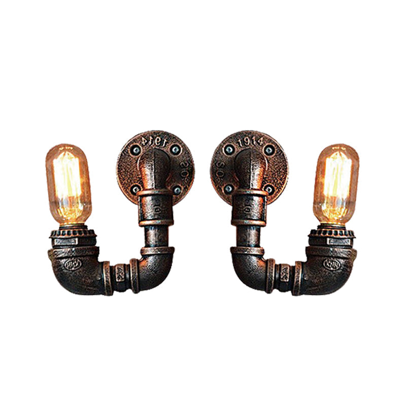 Sikunuo | 2-Light Double Curved Arm Wall Lamp Antiqued Black/Rust/Gold Finish Metal Wall Lamp for Restaurant