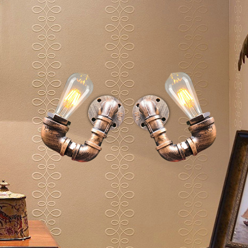 Sikunuo | 2-Light Double Curved Arm Wall Lamp Antiqued Black/Rust/Gold Finish Metal Wall Lamp for Restaurant