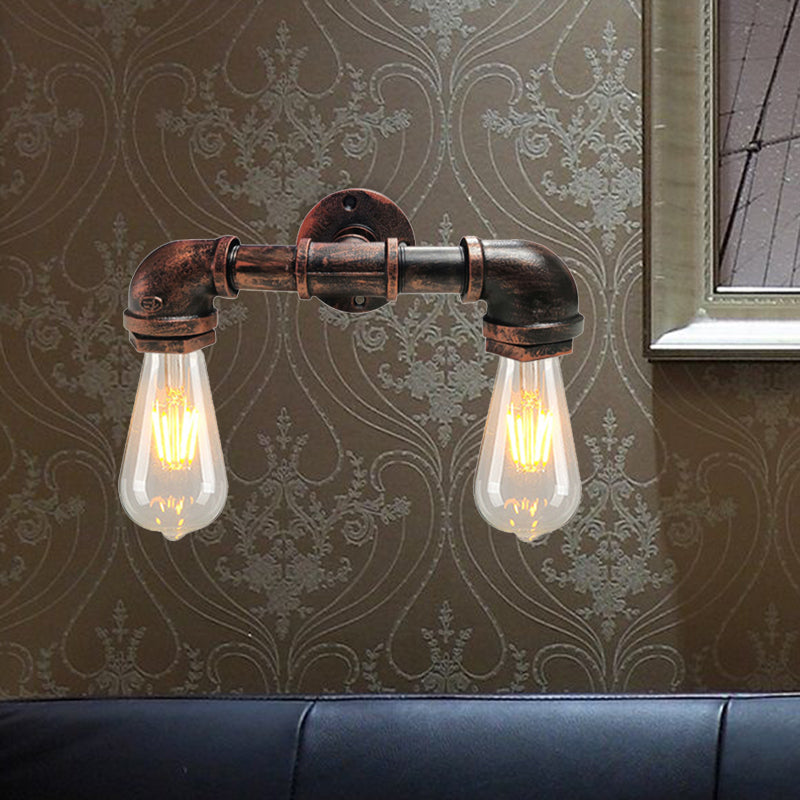 Sikunuo | Metal Bare Bulb Wall Lamp Light Fixture Farmhouse 2-Head Coffee House Wall Mount Lamp in Black/Rust