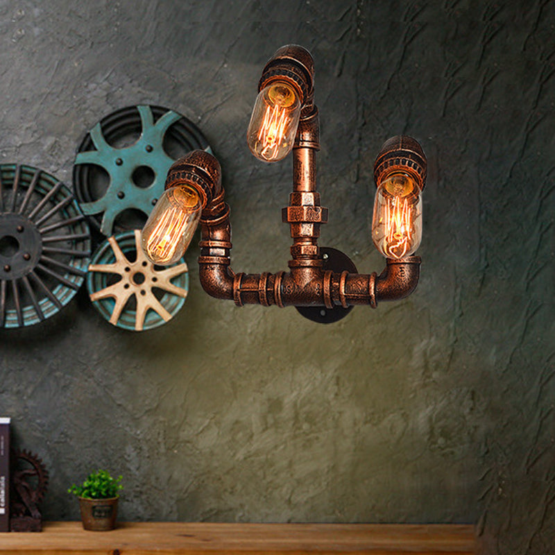 Sikunuo | 3 Bulb Wall Sconce Lighting Farmhouse Curved Arm Metal Wall Mounted Lamp in Rust for Bar
