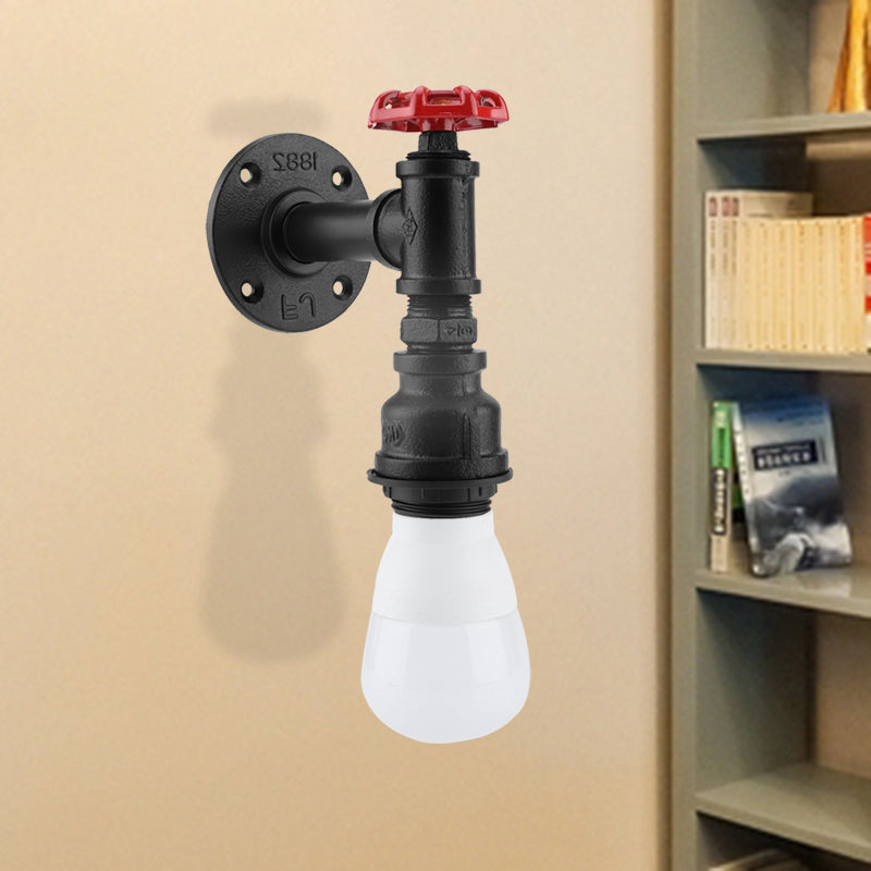 Sikunuo | Black 1-Bulb Wall Lamp Farmhouse Iron Pipe Wall Mount Lighting with Red Valve Decoration for the Corner