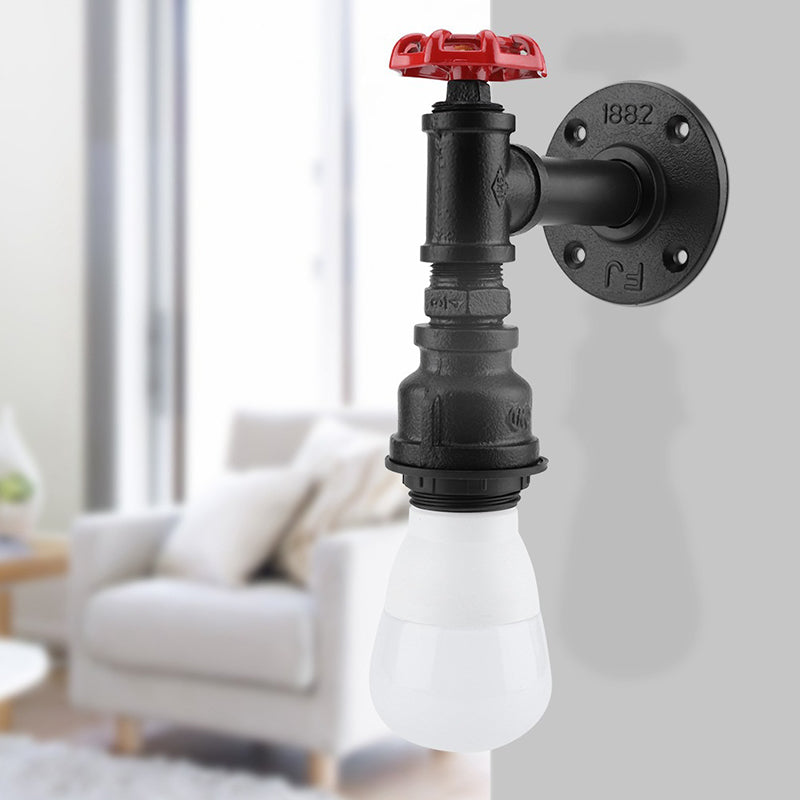Sikunuo | Black 1-Bulb Wall Lamp Farmhouse Iron Pipe Wall Mount Lighting with Red Valve Decoration for the Corner