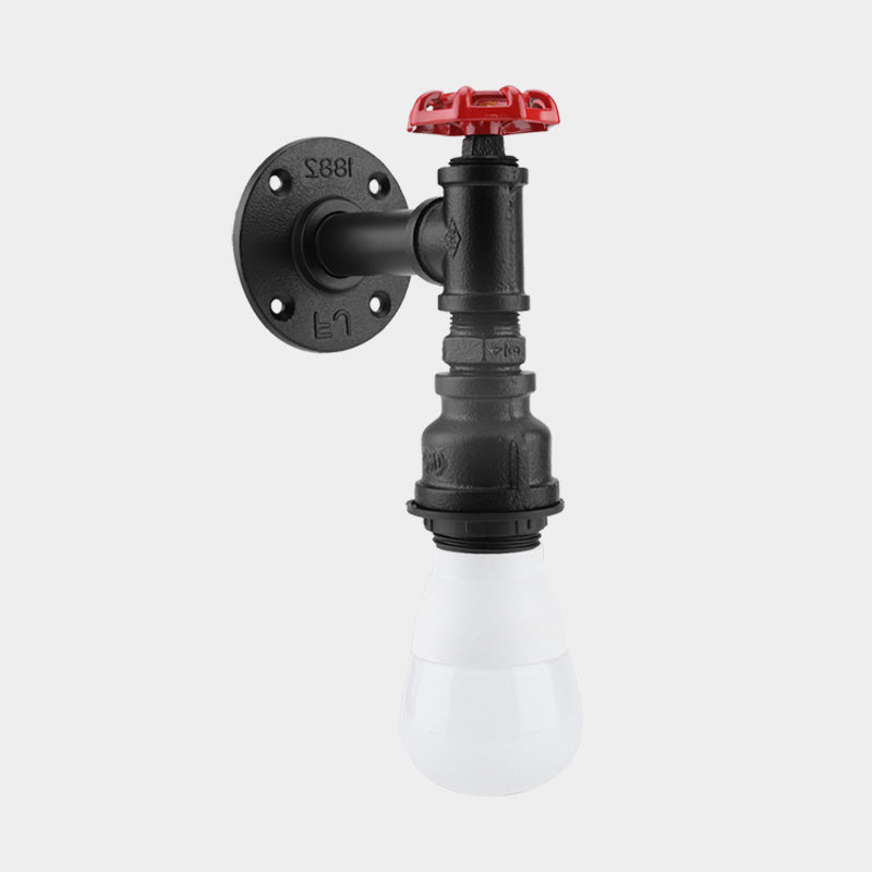 Sikunuo | Black 1-Bulb Wall Lamp Farmhouse Iron Pipe Wall Mount Lighting with Red Valve Decoration for the Corner