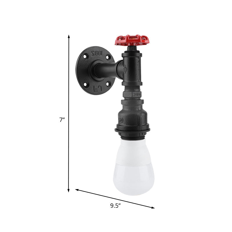 Sikunuo | Black 1-Bulb Wall Lamp Farmhouse Iron Pipe Wall Mount Lighting with Red Valve Decoration for the Corner