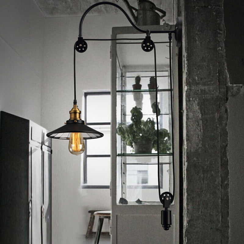 Sikunuo | 1 Light Flared Pulley Wall Lamp Industrial Black Metallic Sconces Lamp with Gooseneck Arm