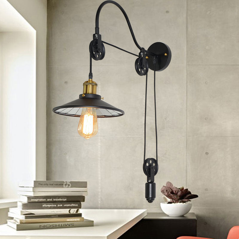 Sikunuo | 1 Light Flared Pulley Wall Lamp Industrial Black Metallic Sconces Lamp with Gooseneck Arm