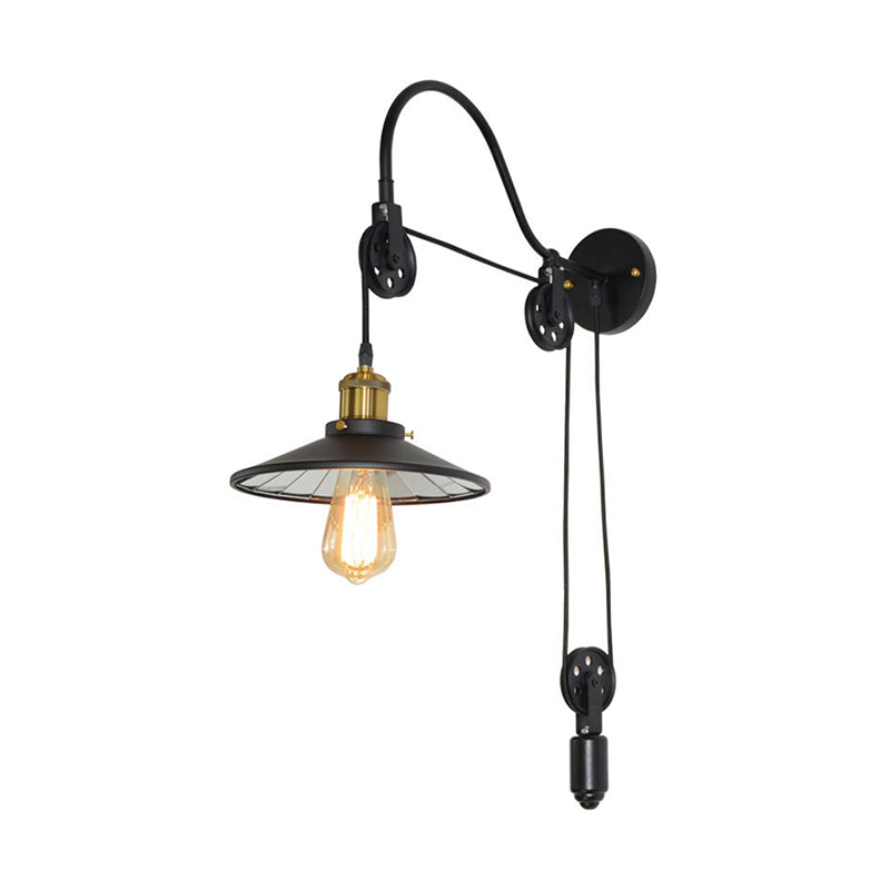 Sikunuo | 1 Light Flared Pulley Wall Lamp Industrial Black Metallic Sconces Lamp with Gooseneck Arm