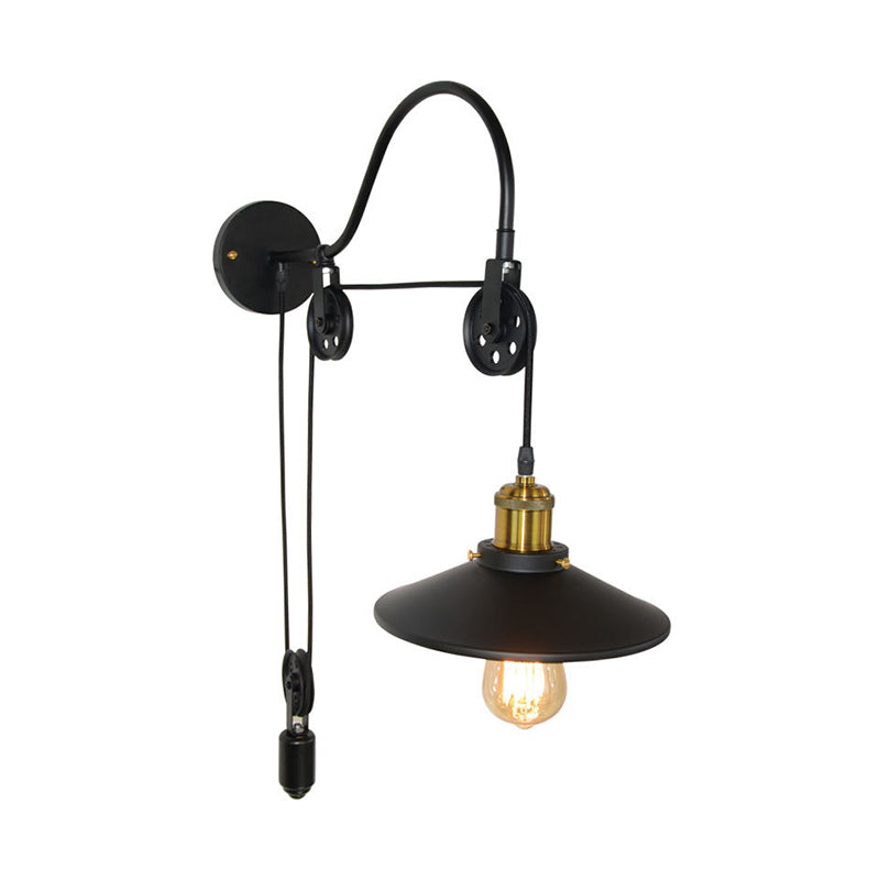 Sikunuo | 1 Light Flared Pulley Wall Lamp Industrial Black Metallic Sconces Lamp with Gooseneck Arm