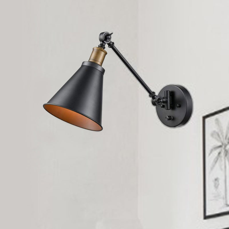 Sikunuo | 1 Light Bulb Iron Wall Mount Vintage Black Swing Arm Living Room Wall Light Lamp with Cone Shade