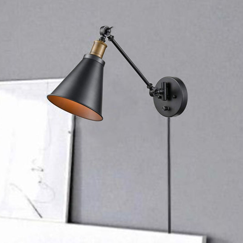 Sikunuo | 1 Light Bulb Iron Wall Mount Vintage Black Swing Arm Living Room Wall Light Lamp with Cone Shade