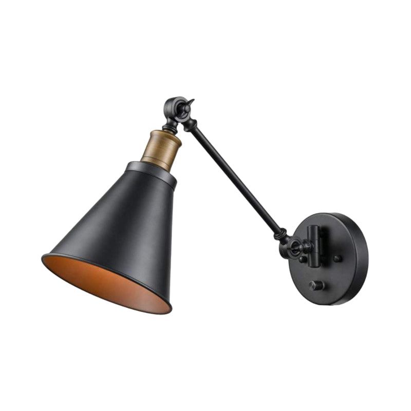 Sikunuo | 1 Light Bulb Iron Wall Mount Vintage Black Swing Arm Living Room Wall Light Lamp with Cone Shade