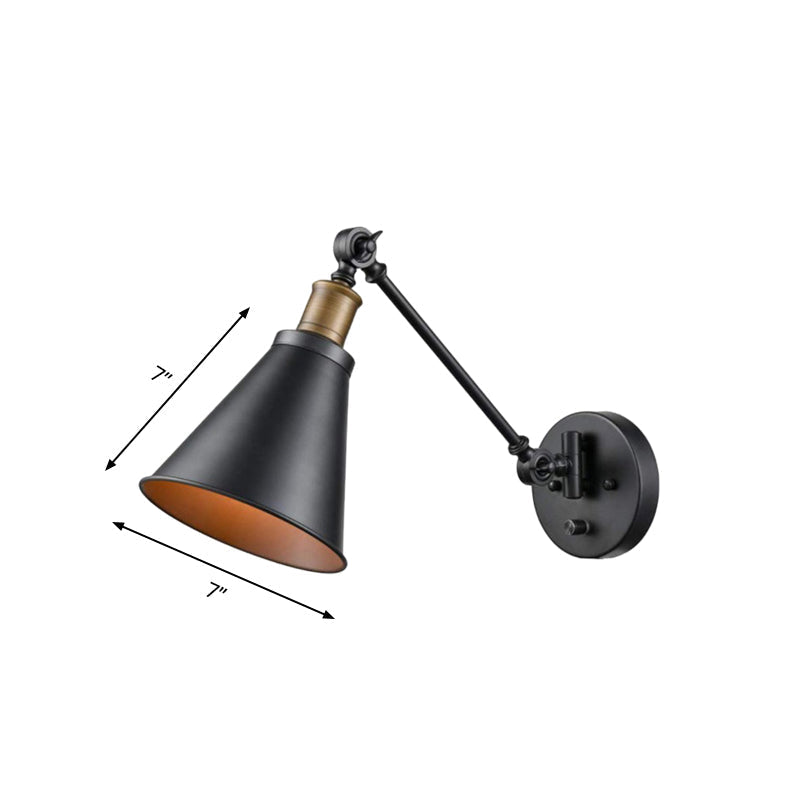 Sikunuo | 1 Light Bulb Iron Wall Mount Vintage Black Swing Arm Living Room Wall Light Lamp with Cone Shade