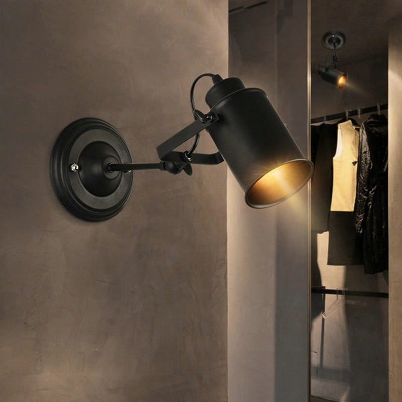Sikunuo | Farmhouse Cylinder Sconce Lighting 1-Light Iron Wall Lamp Fixture in Black with Adjustable Handle
