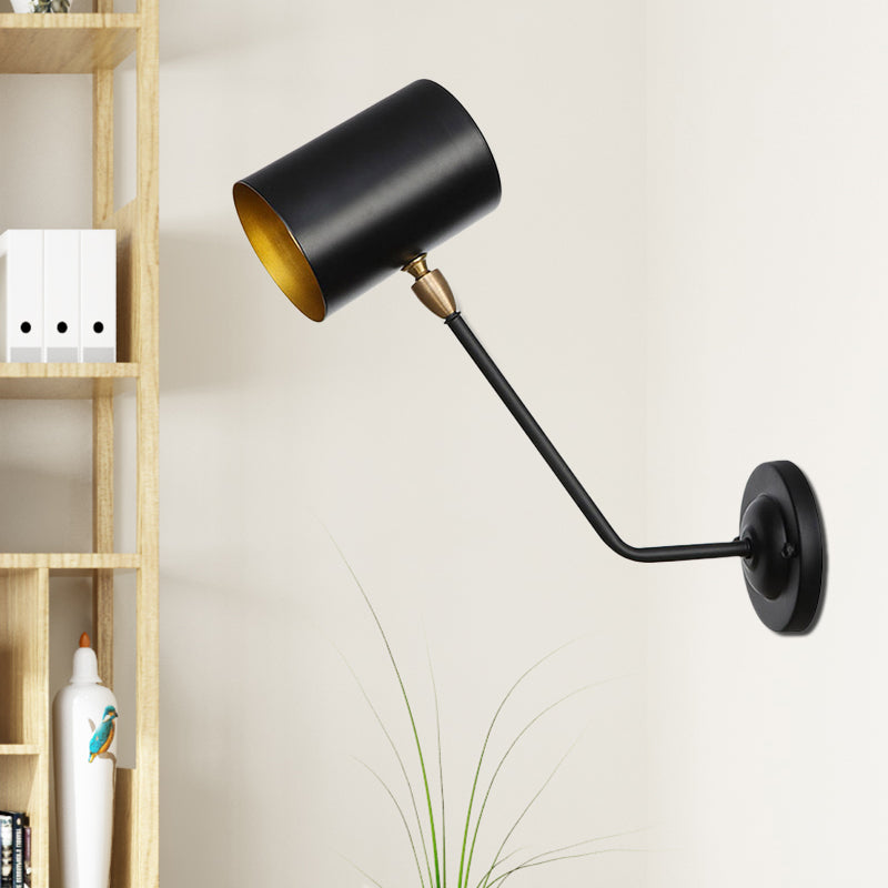 Sikunuo | Metal cylindrical wall lamp sconce industrial 6"/10" high 1-light bedroom wall lamp fixture in black with sloping arm