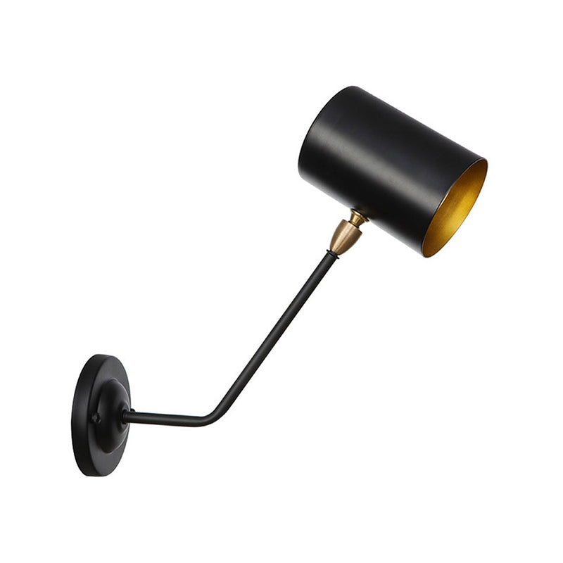 Sikunuo | Metal cylindrical wall lamp sconce industrial 6"/10" high 1-light bedroom wall lamp fixture in black with sloping arm