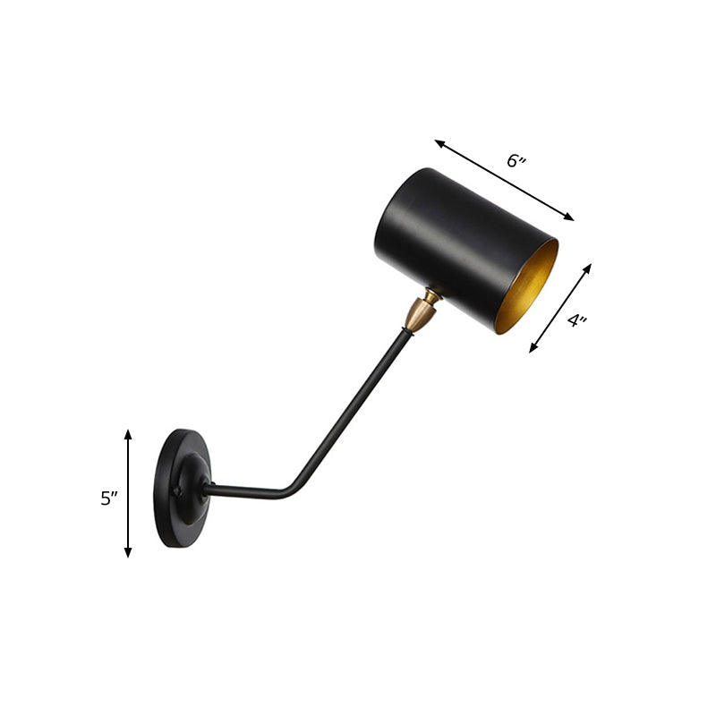 Sikunuo | Metal cylindrical wall lamp sconce industrial 6"/10" high 1-light bedroom wall lamp fixture in black with sloping arm