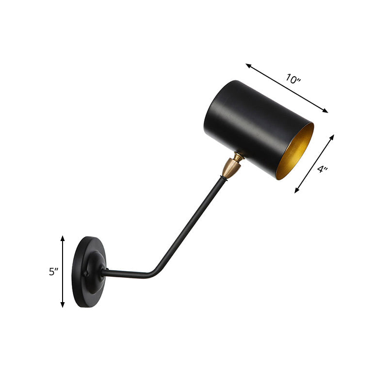 Sikunuo | Metal cylindrical wall lamp sconce industrial 6"/10" high 1-light bedroom wall lamp fixture in black with sloping arm