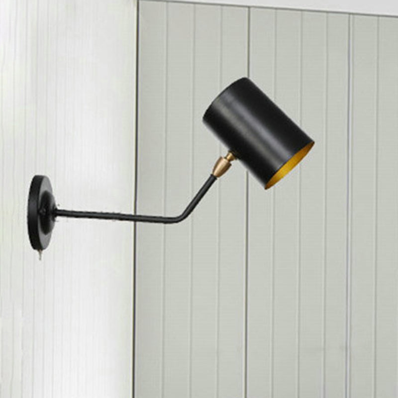 Sikunuo | Right Angle Arm Iron Wall Light Vintage 1-Light Study Room Wall Mount Fixture in Black with Cylinder Shade, 6"/10" H