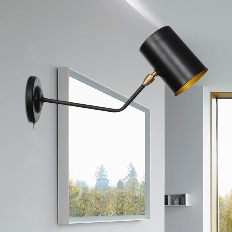 Sikunuo | Right Angle Arm Iron Wall Light Vintage 1-Light Study Room Wall Mount Fixture in Black with Cylinder Shade, 6"/10" H