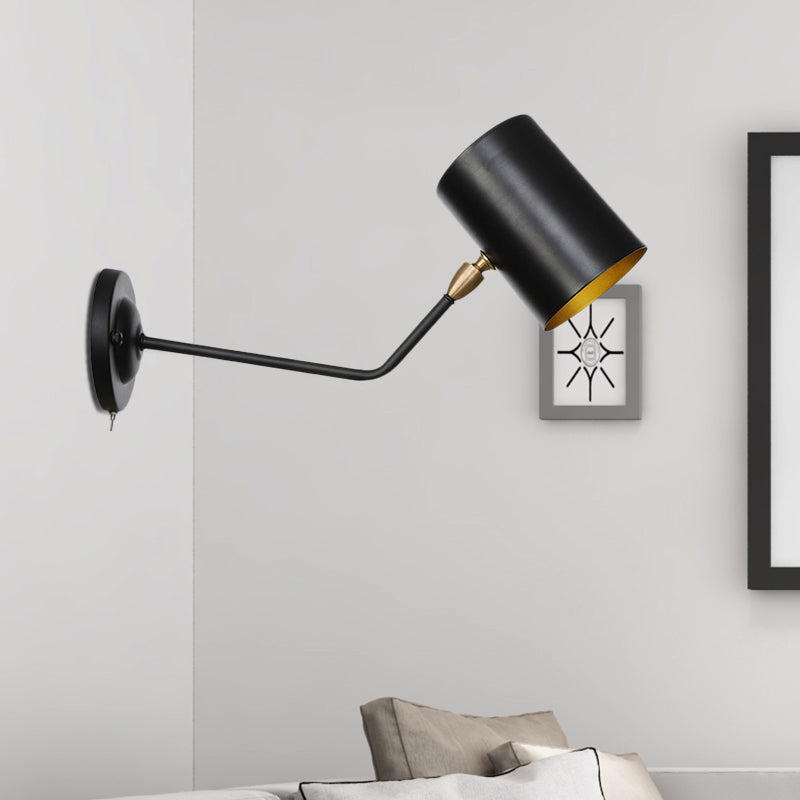 Sikunuo | Right Angle Arm Iron Wall Light Vintage 1-Light Study Room Wall Mount Fixture in Black with Cylinder Shade, 6"/10" H