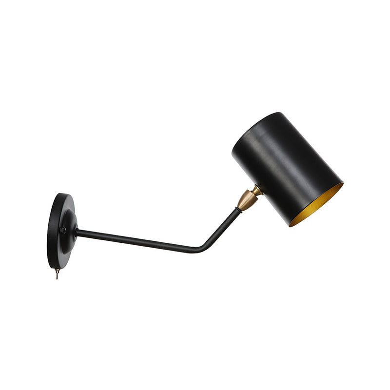 Sikunuo | Right Angle Arm Iron Wall Light Vintage 1-Light Study Room Wall Mount Fixture in Black with Cylinder Shade, 6"/10" H