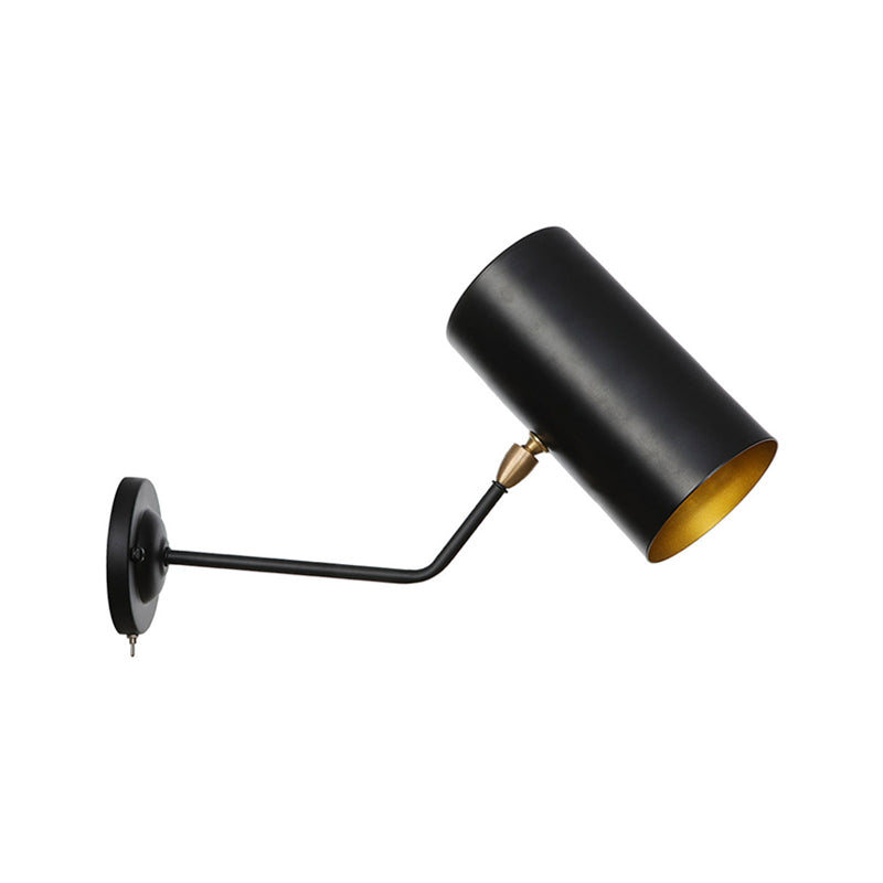 Sikunuo | Right Angle Arm Iron Wall Light Vintage 1-Light Study Room Wall Mount Fixture in Black with Cylinder Shade, 6"/10" H