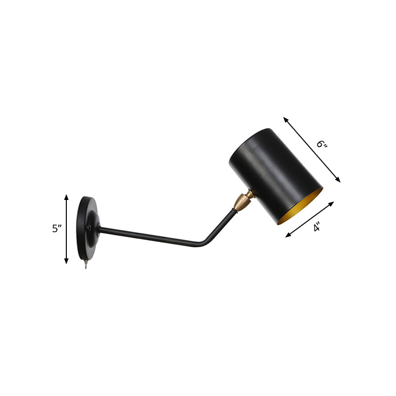 Sikunuo | Right Angle Arm Iron Wall Light Vintage 1-Light Study Room Wall Mount Fixture in Black with Cylinder Shade, 6"/10" H