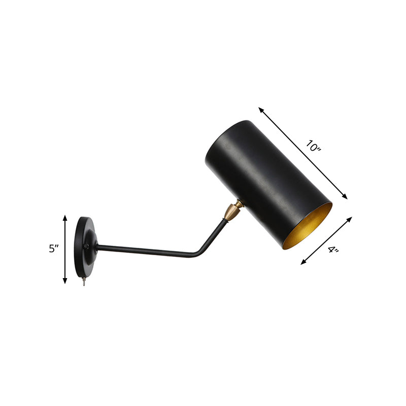 Sikunuo | Right Angle Arm Iron Wall Light Vintage 1-Light Study Room Wall Mount Fixture in Black with Cylinder Shade, 6"/10" H