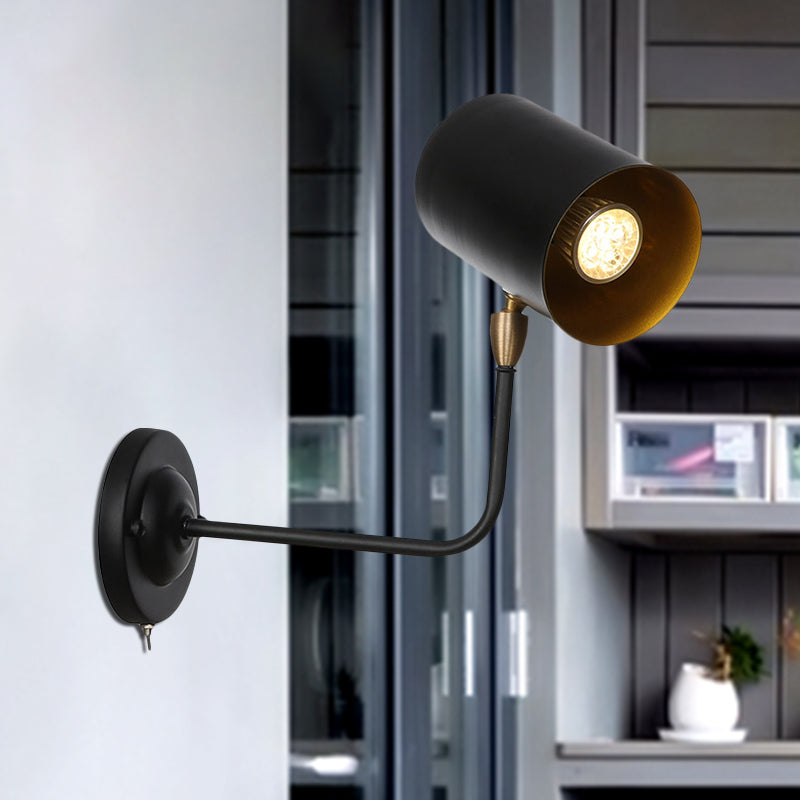 Sikunuo | 1 Light Sconces Lighting Fixture Industrial Cylinder Metal Wall Lamp in Black with Curved Arm for Bedside