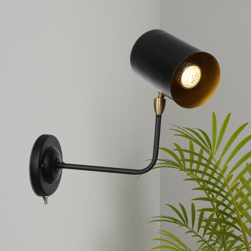 Sikunuo | 1 Light Sconces Lighting Fixture Industrial Cylinder Metal Wall Lamp in Black with Curved Arm for Bedside