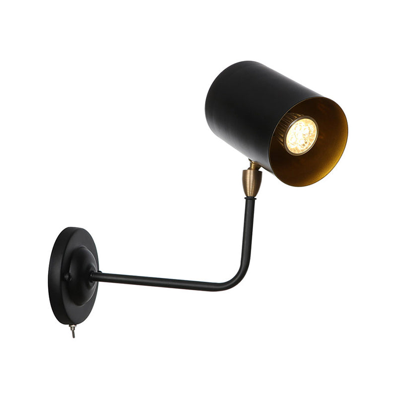 Sikunuo | 1 Light Sconces Lighting Fixture Industrial Cylinder Metal Wall Lamp in Black with Curved Arm for Bedside