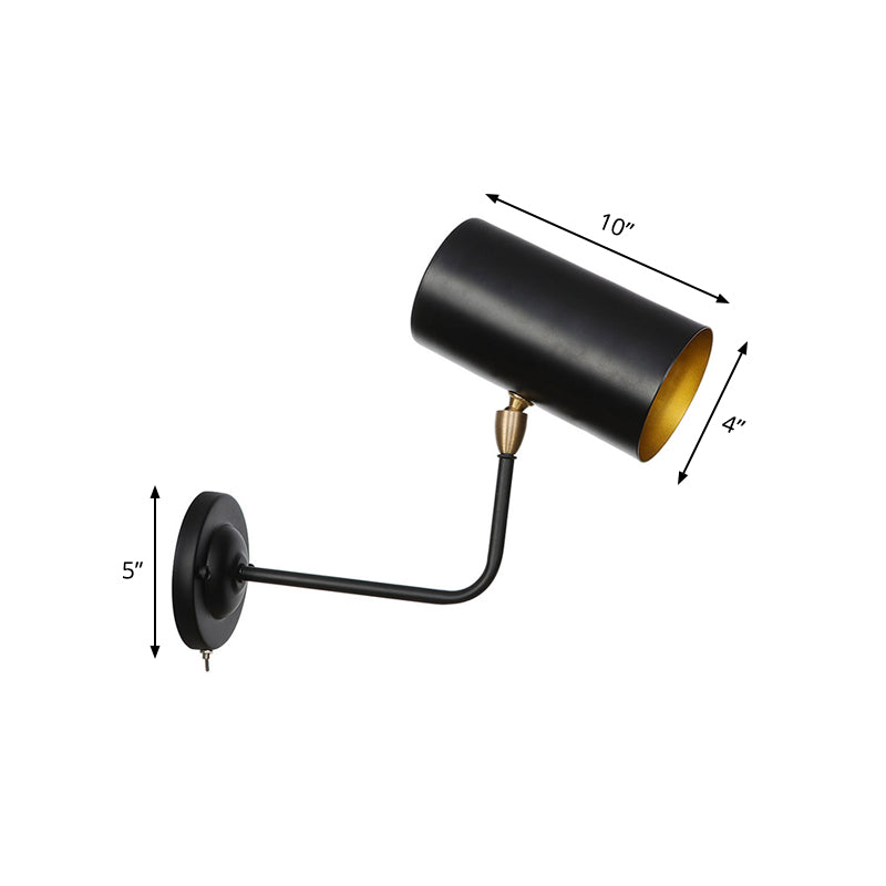 Sikunuo | 1 Light Sconces Lighting Fixture Industrial Cylinder Metal Wall Lamp in Black with Curved Arm for Bedside