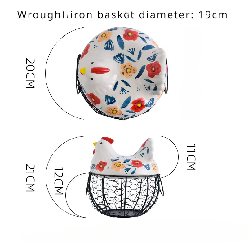 Sikunuo | Ceramic Egg Holder Chicken with Wire Basket