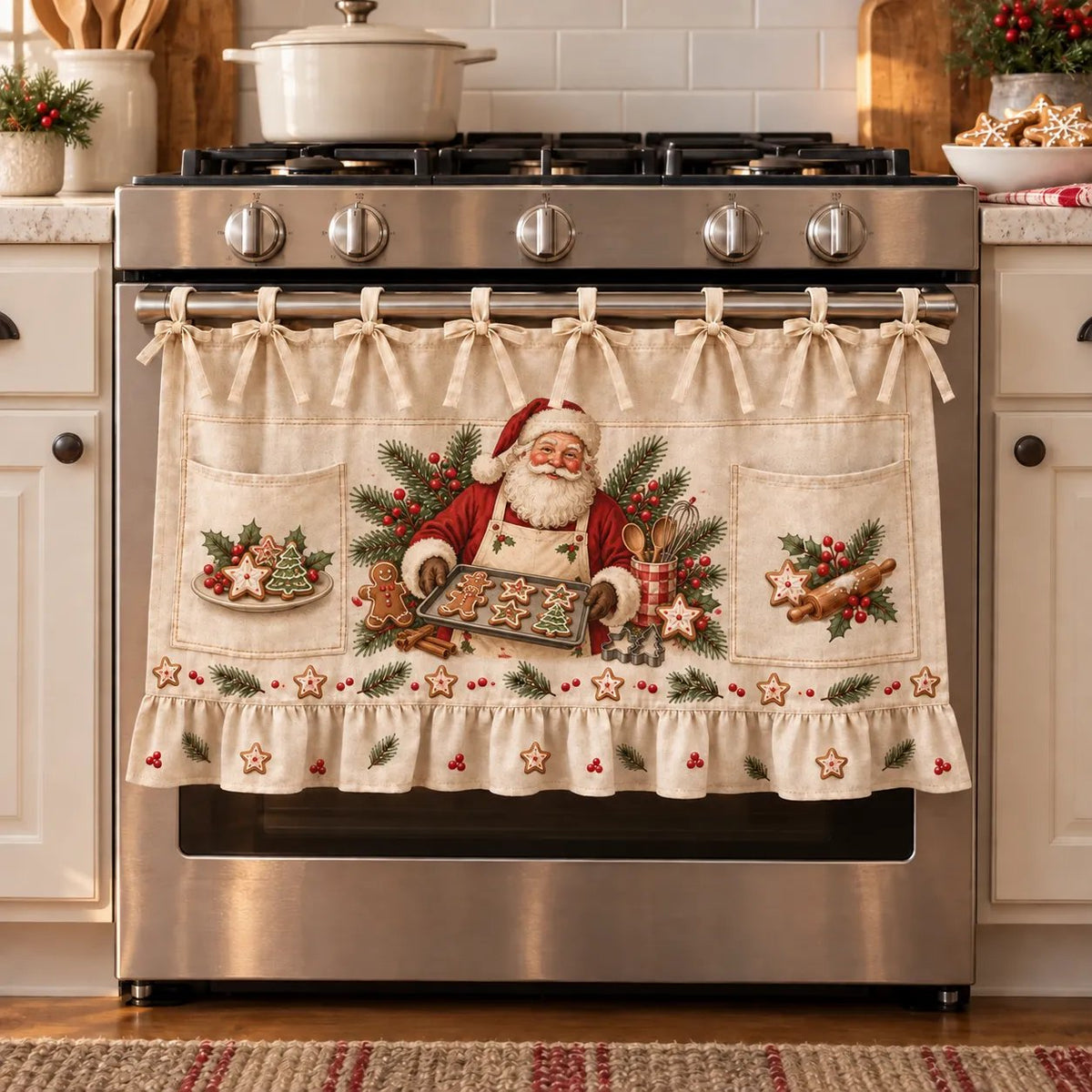 Christmas Kitchen Tie-On Skirt with Pockets & Ruffled Trim