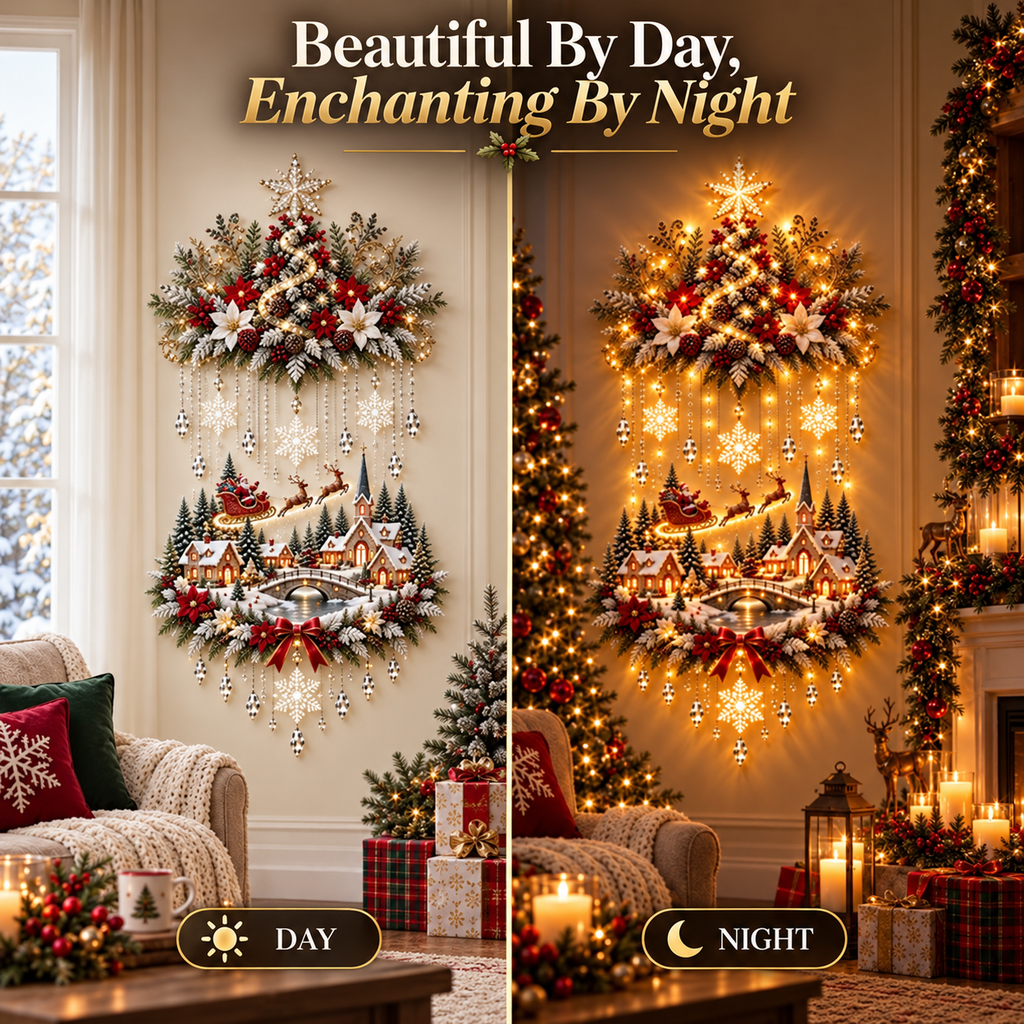 🎄 Lighted Christmas Tree & Village Wall Decor – Warm Cascading Glow