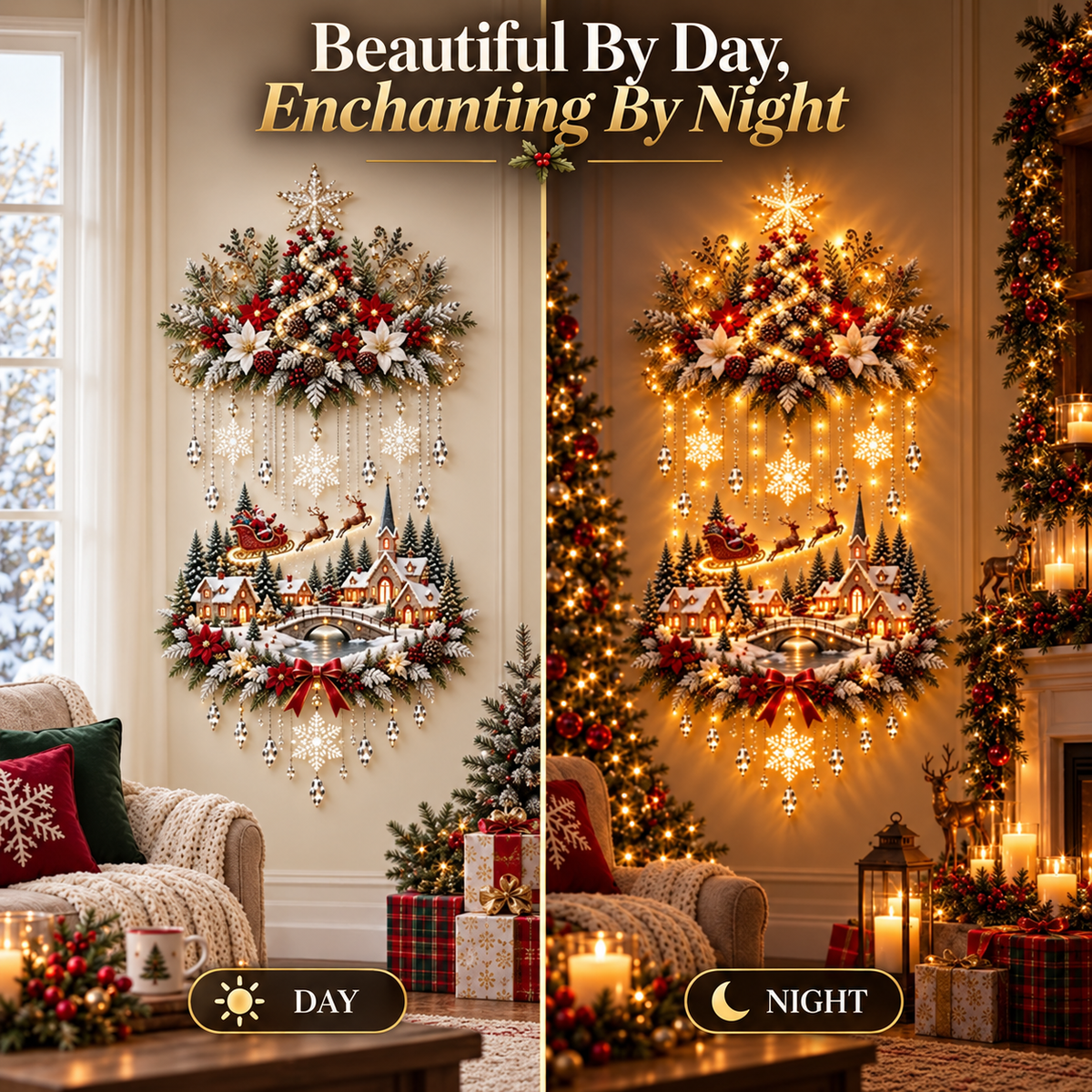 🎄 Lighted Christmas Tree & Village Wall Decor – Warm Cascading Glow