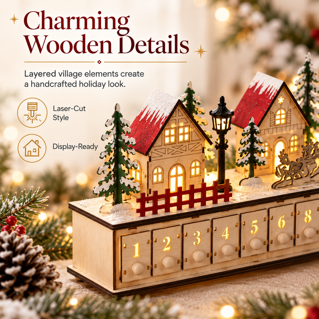 🎄 Wooden Christmas Village Advent Calendar – Magical LED Holiday Countdown 🎁✨