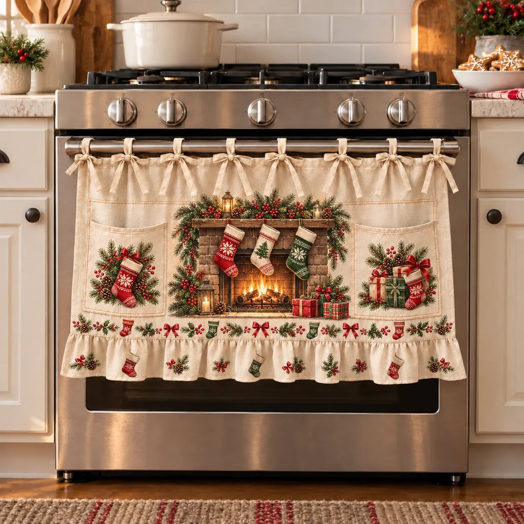 Christmas Kitchen Tie-On Skirt with Pockets & Ruffled Trim