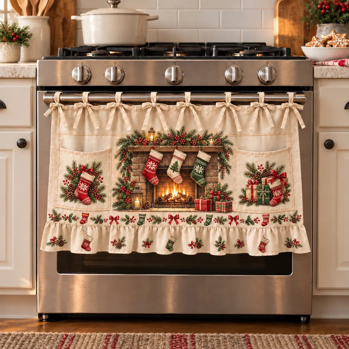 Christmas Kitchen Tie-On Skirt with Pockets & Ruffled Trim