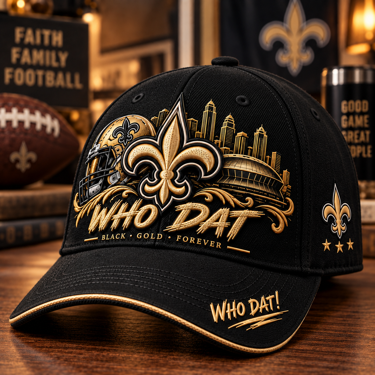 WHO DAT Black & Gold Football Fan Cap – Forever Faithful