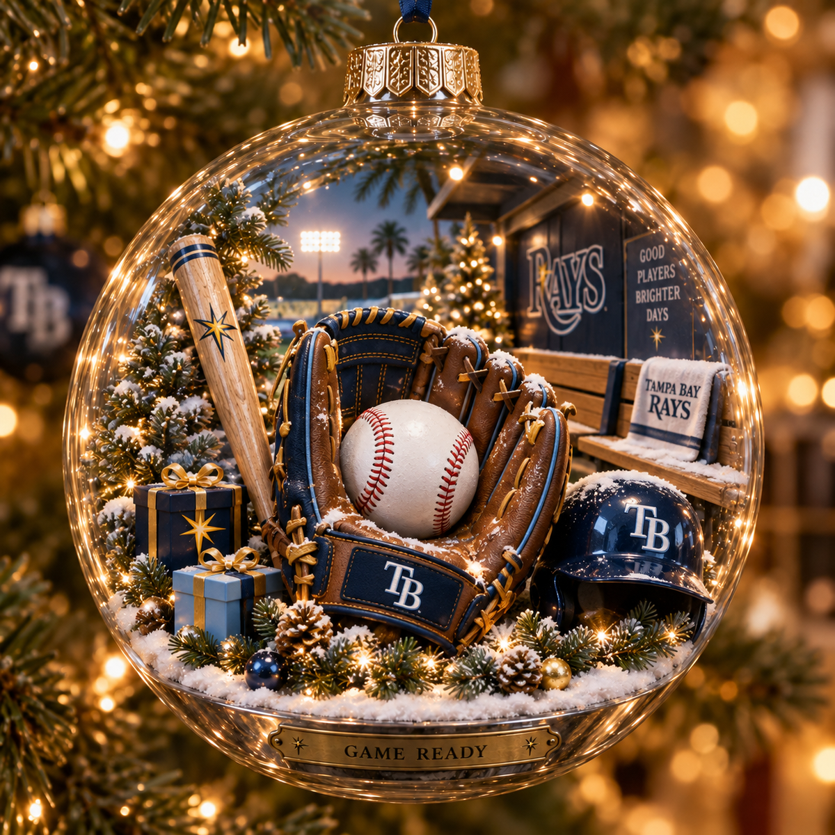 Rays Light-Up Baseball Heritage Christmas Ornament