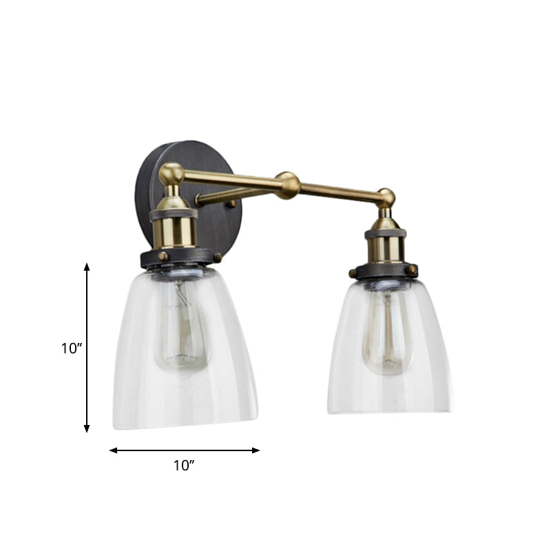 Sikunuo | 2 Light Tapered Sconce Lighting Fixture Industrial Antique Brass Clear Glass Wall Lamp