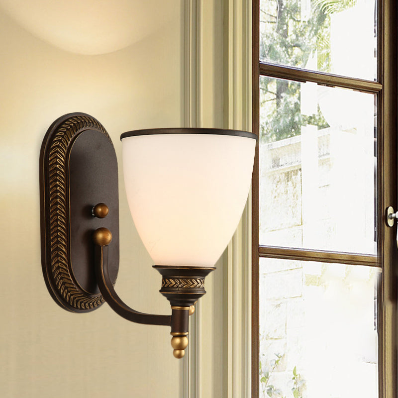 Sikunuo | Bowl Shade Opal Glass Wall Mounted Lamp Rustic Single Bulb Bedroom Wall Lamp Light in Bronze
