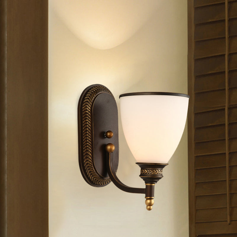 Sikunuo | Bowl Shade Opal Glass Wall Mounted Lamp Rustic Single Bulb Bedroom Wall Lamp Light in Bronze