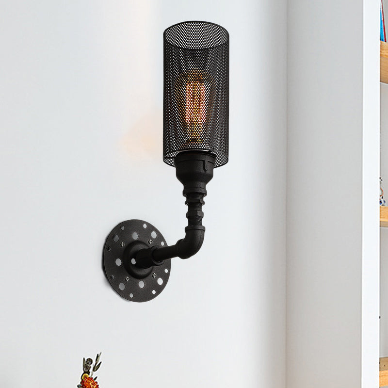 Sikunuo | Metallic Cylinder Wall Lighting with Mesh Pattern Vintage Stylish 1 Light Restaurant Wall Mount Light in Black